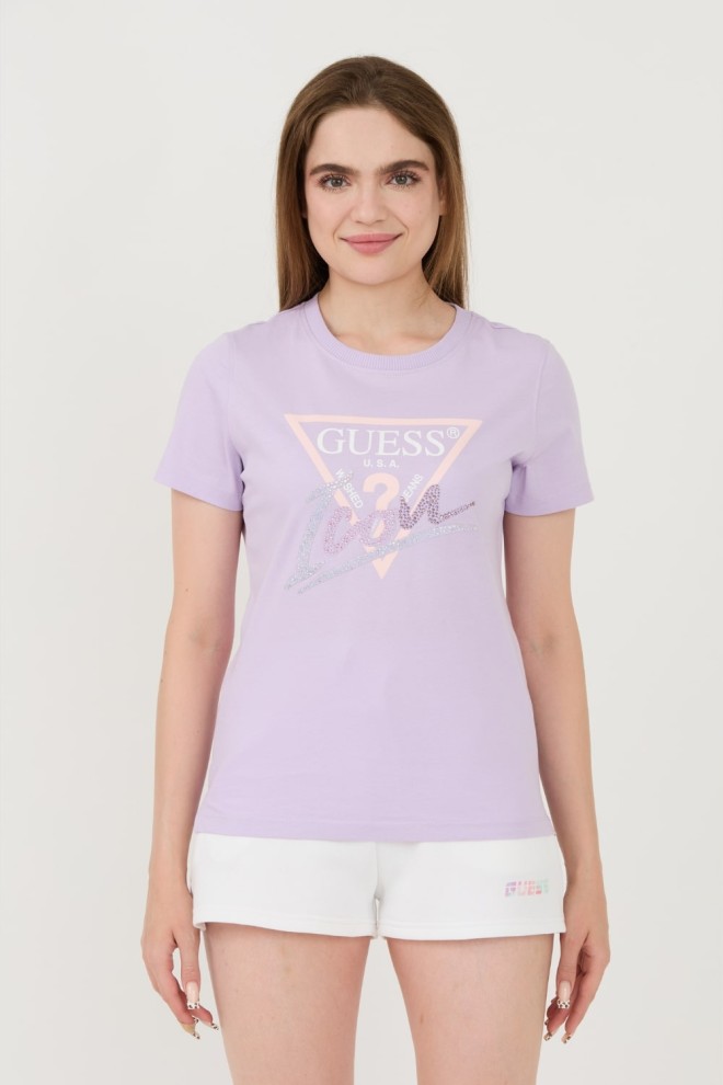 GUESS Lawendowy damski t-shirt bawełniany Icon Tee, Rozmiar S