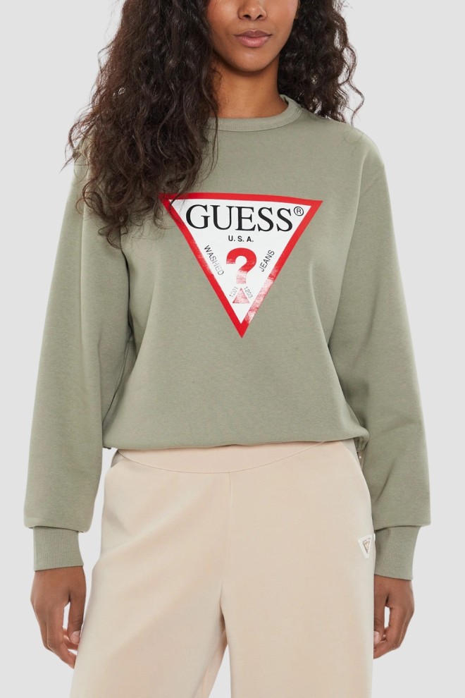 GUESS Zielona bluza damska z dużym logo Original Fleece, Rozmiar XS