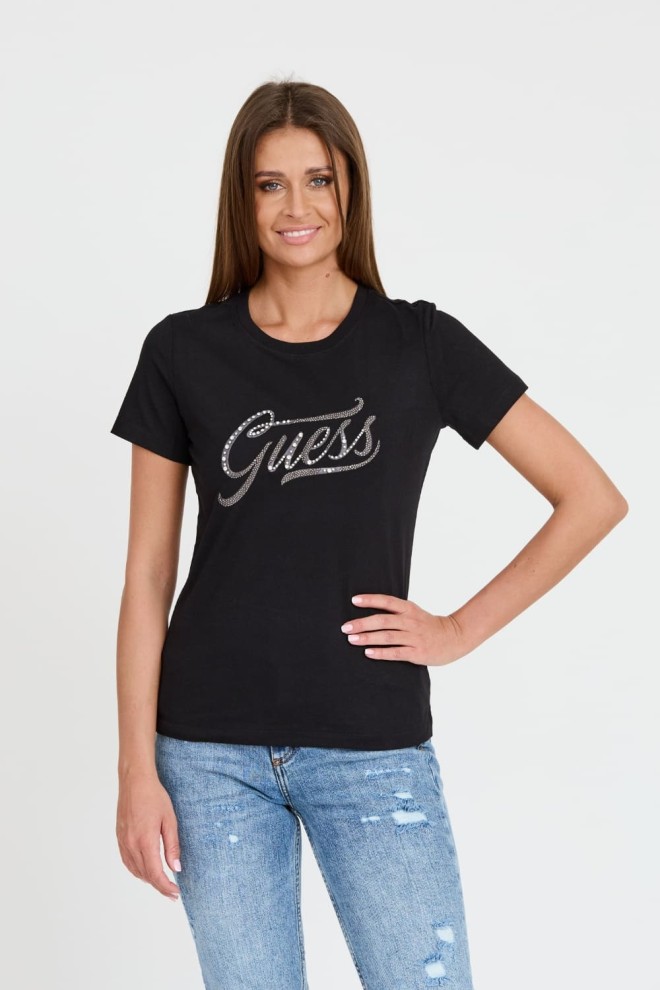 GUESS Czarny damski T-shirt bawełnany STONES&EMBRO TEE, Rozmiar M