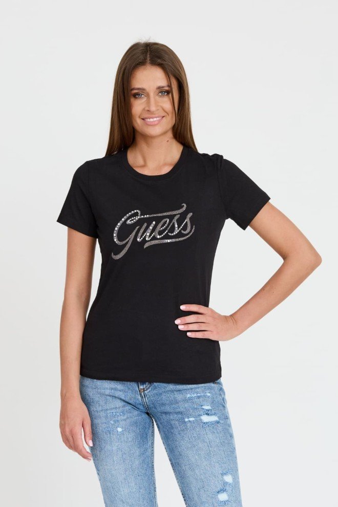 GUESS Czarny damski T-shirt bawełnany STONES&EMBRO TEE, Rozmiar M
