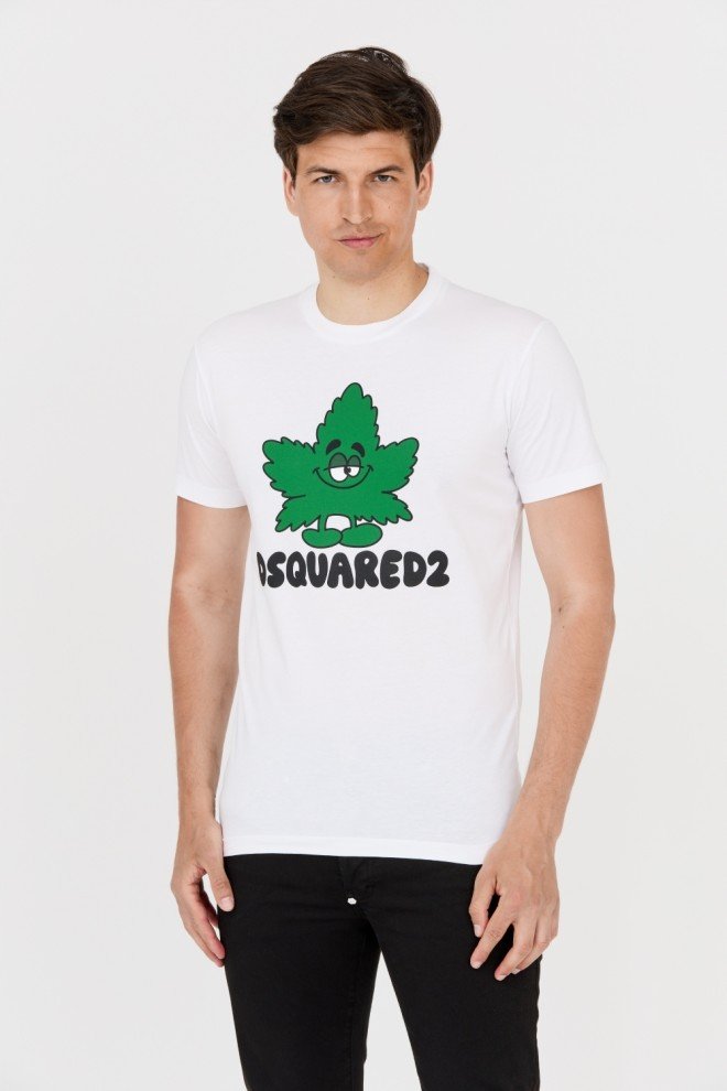 DSQUARED2 Męski biały t-shirt z zielonym liściem, Rozmiar S