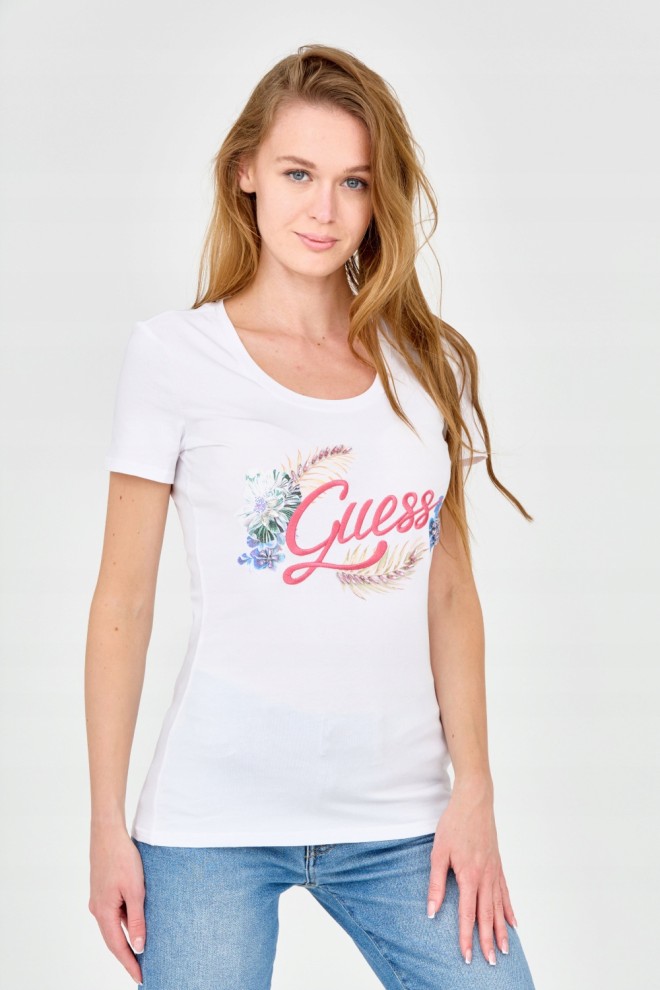 GUESS Damski biały t-shirt ze zdobionym logo, Rozmiar L