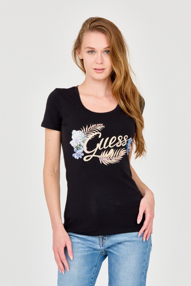 GUESS Damski czarny t-shirt ze zdobionym logo, Rozmiar S