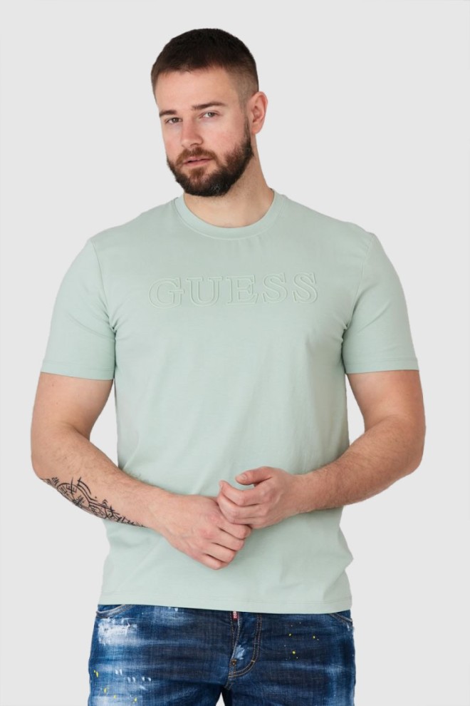 GUESS Pistacjowy t-shirt męski z wytłaczanym logo, Rozmiar XL