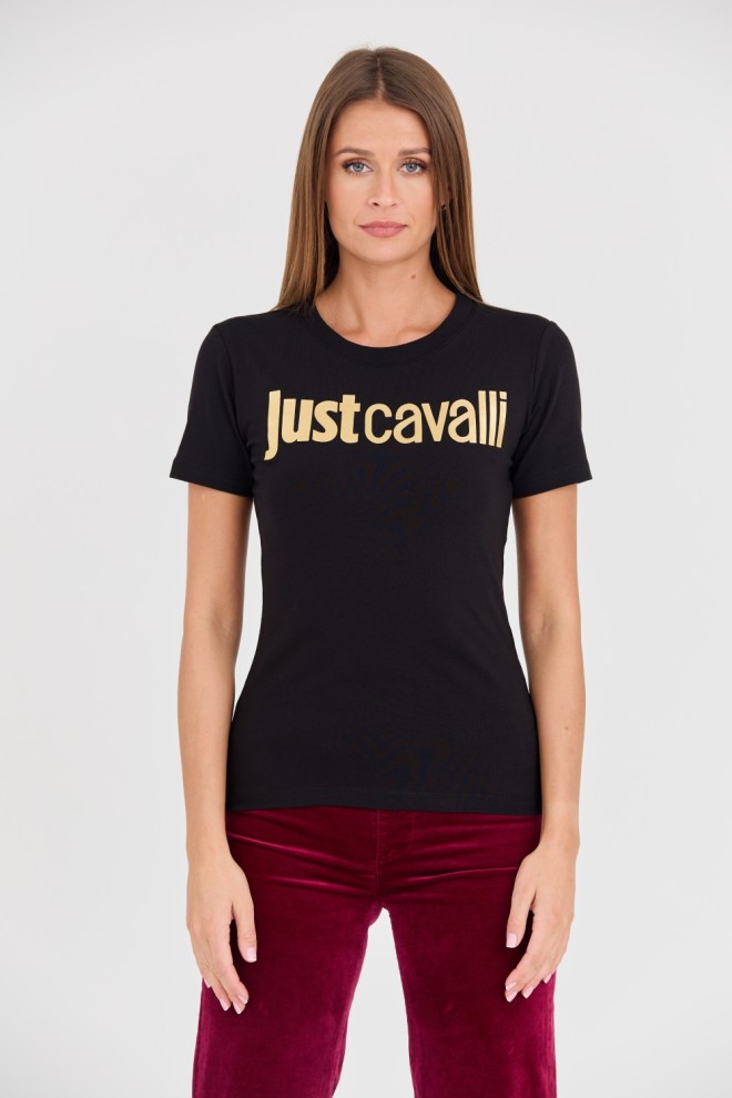 JUST CAVALLI Czarny damski t-shirt Logo Gold, Rozmiar S