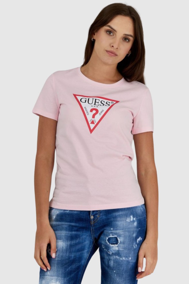 GUESS Różowy t-shirt damski z trójkątnym logo, Rozmiar S