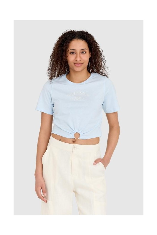 GUESS Niebieski t-shirt damski cropped fit piercing, Rozmiar S