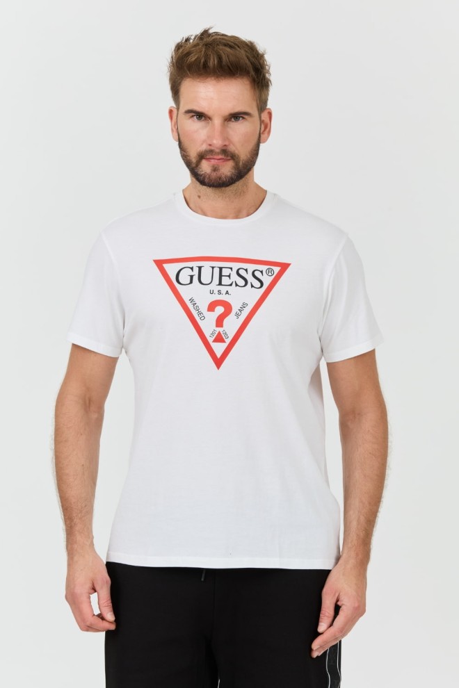 GUESS Biały męski t-shirt bawełniany z dużym logo Clsc Tri Logo, Rozmiar XXL