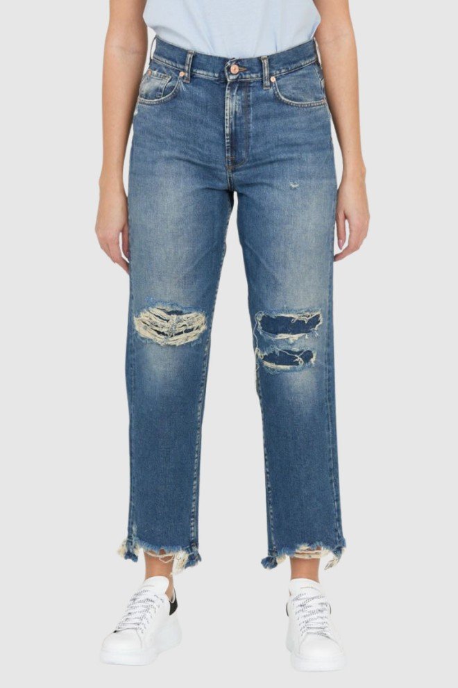 7 FOR ALL MANKIND Błękitne jeansy damskie THE MODERN STRAIGHT Z DZIURAMI, Rozmiar 28