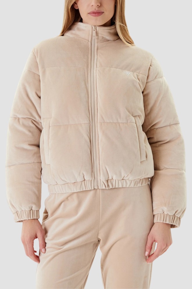 GUESS Beżowa zamszowa damska kurtka Couture Puffer, Rozmiar M