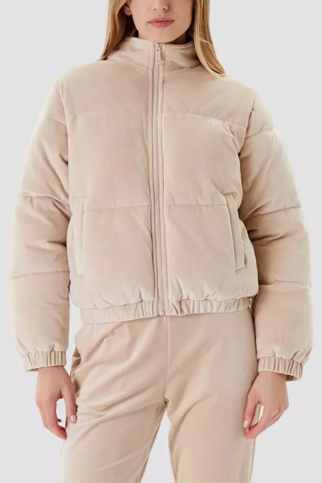 GUESS Beżowa zamszowa damska kurtka Couture Puffer, Rozmiar M