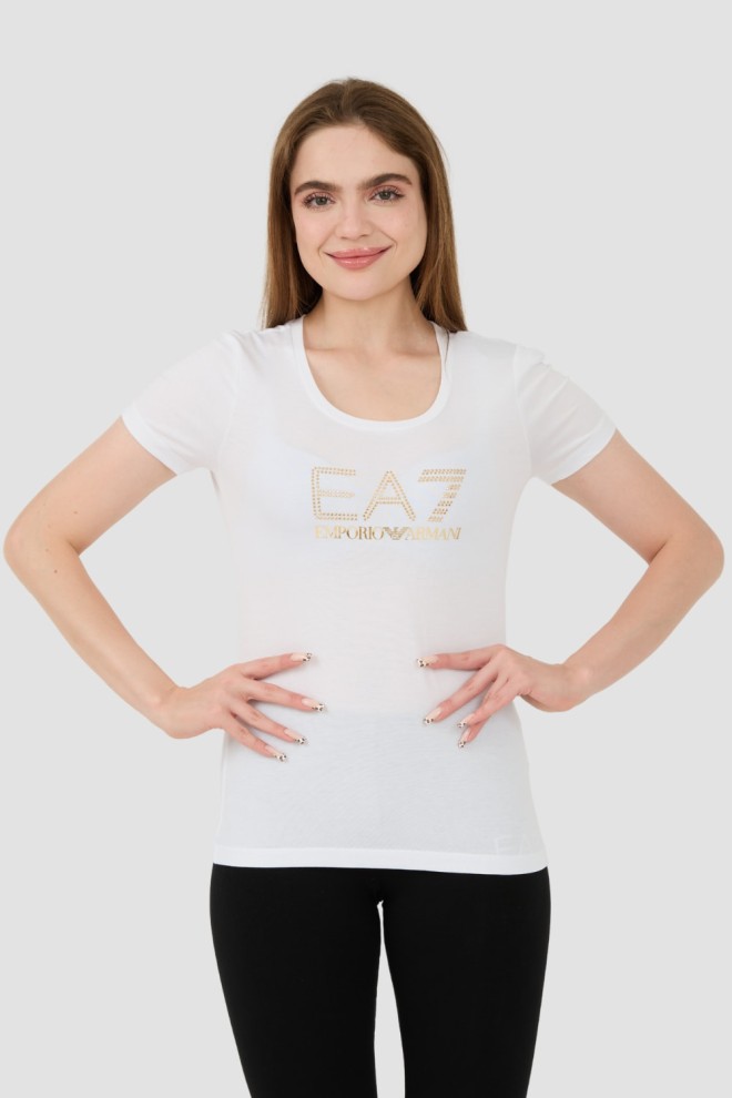 EA7 Biały damski t-shirt z cyrkoniami, Rozmiar XS