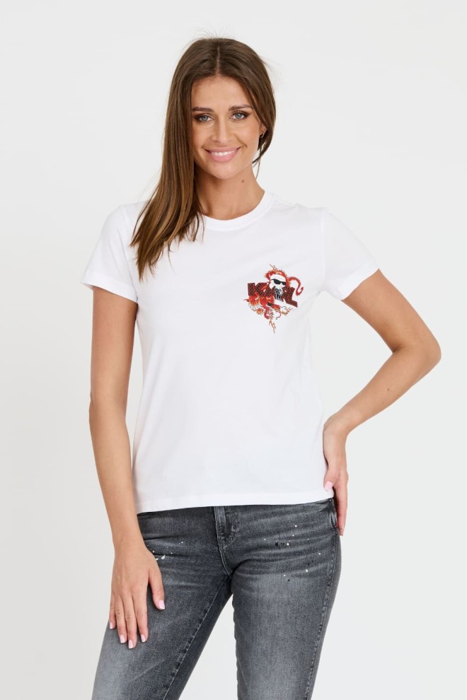 KARL LAGERFELD Biały damski t-shirt ikonik lny, Rozmiar L