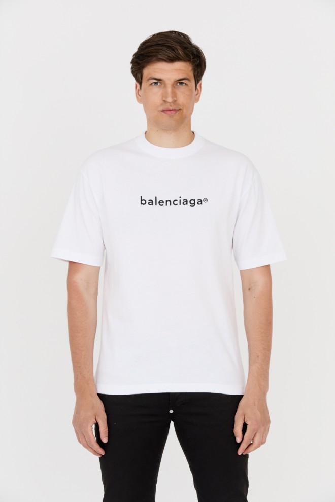 BALENCIAGA Męski biały t-shirt z czarnym logo, Rozmiar S