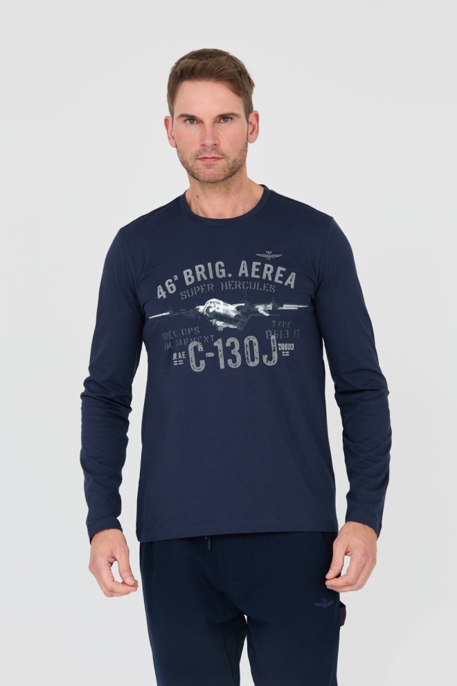 AERONAUTICA MILITARE Granatowy męski bawełniany longsleeve 46th Air Brigade, Rozmiar XXL
