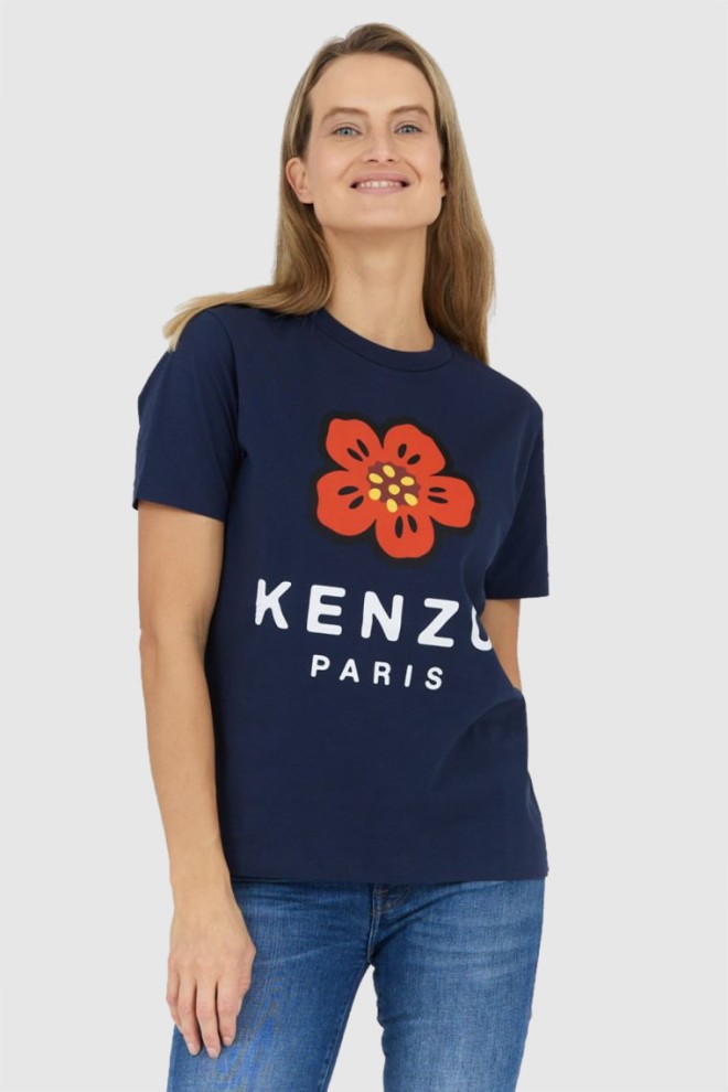 KENZO Granatowy t-shirt damski z czerwonym kwiatem, Rozmiar S