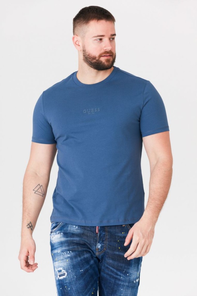 GUESS Niebieski t-shirt męski z aplikacją z logo, Rozmiar S