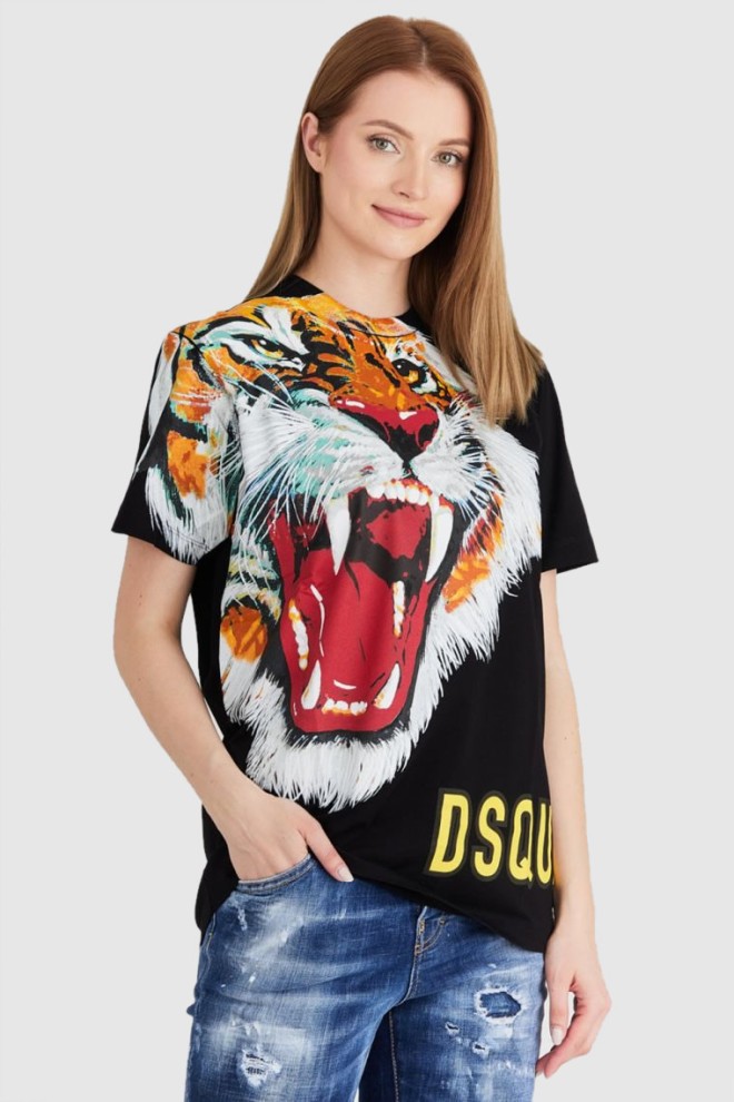DSQUARED2 Czarny t-shirt damski z tygrysem, Rozmiar S