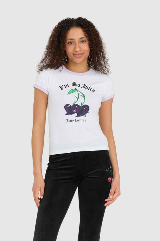 JUICY COUTURE Biały t-shirt damski z wisienkami slim, Rozmiar M