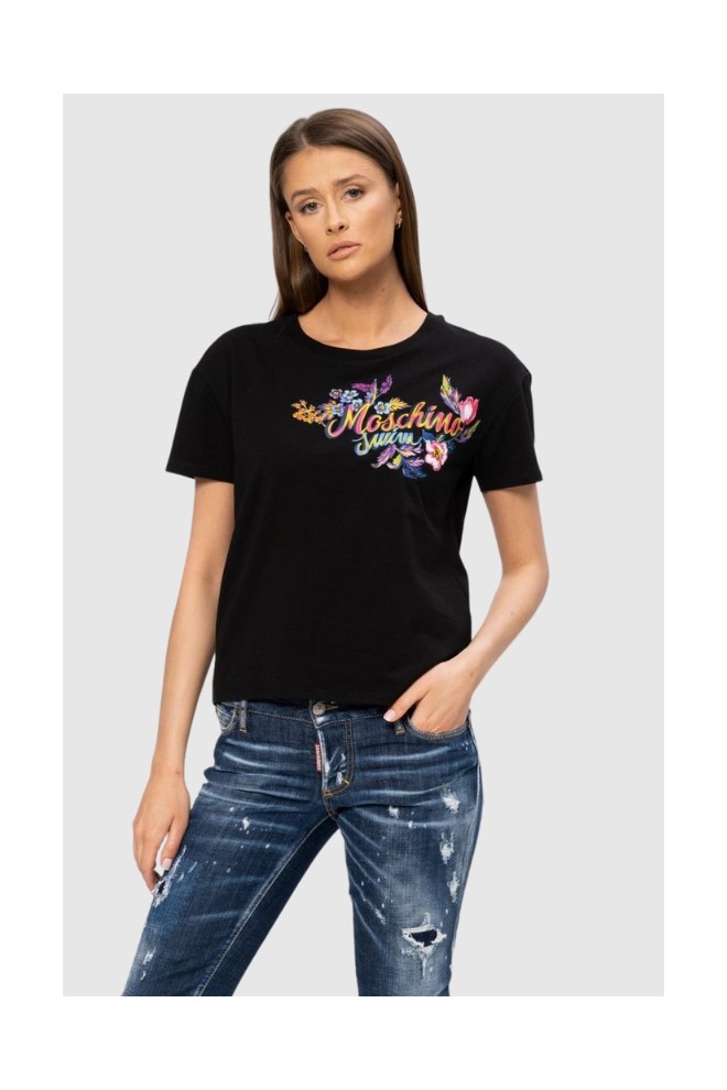 MOSCHINO Czarny t-shirt damski z logo i kwiatami, Rozmiar XS
