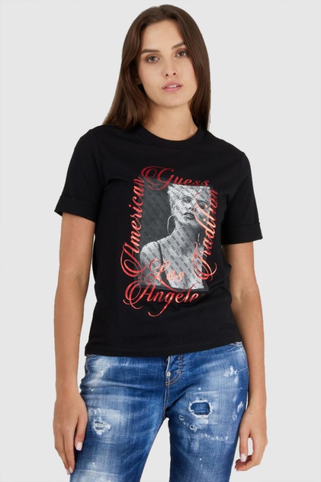 GUESS Czarny t-shirt damski z nadrukiem, Rozmiar XS