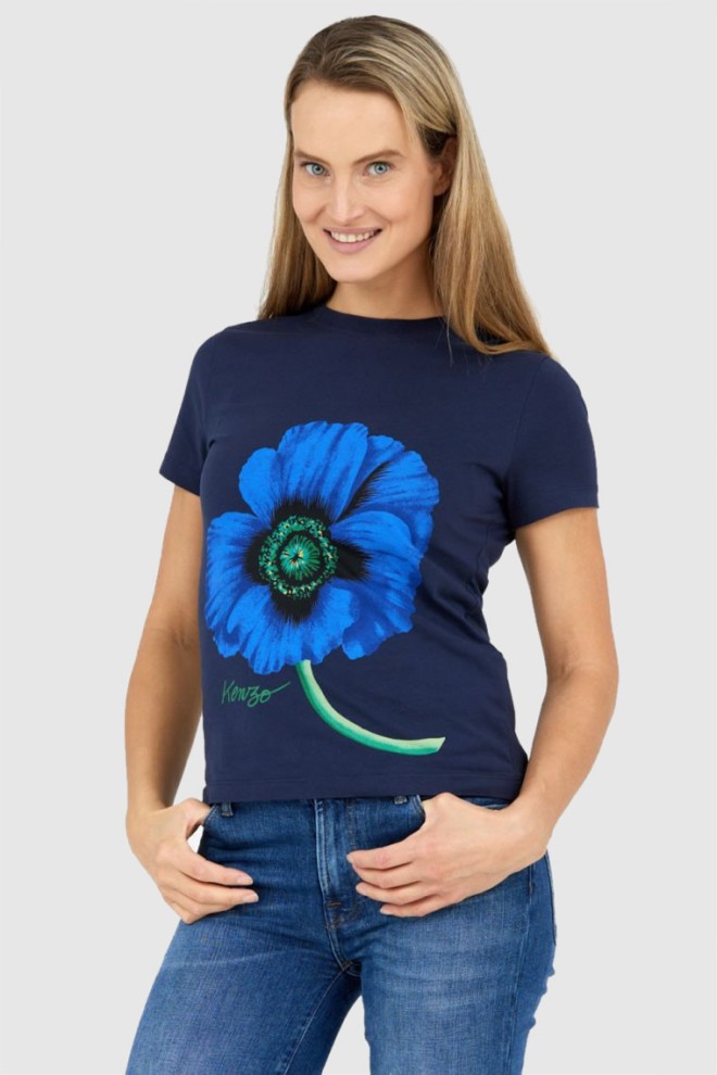 KENZO Granatowy t-shirt damski z niebieskim makiem, Rozmiar S