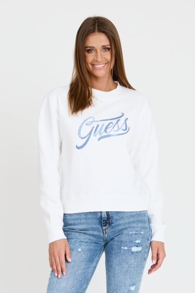 GUESS Biała damska bluza z cyrkoniami, Rozmiar L