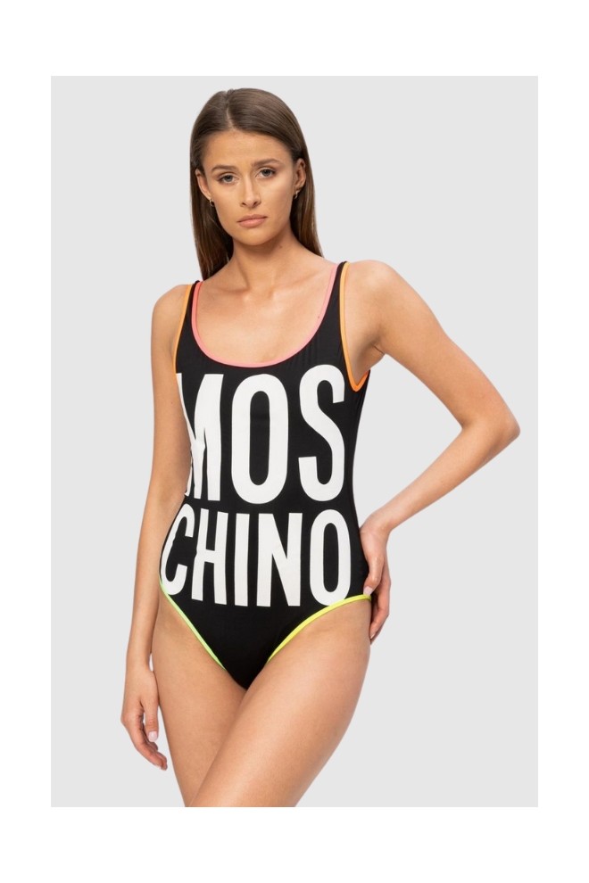 MOSCHINO Czarny jednoczęściowy strój kąpielowy z neonowymi lamówkami, Rozmiar XS