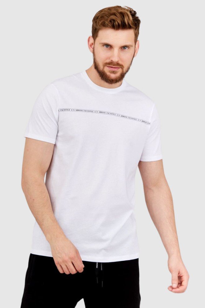 ARMANI EXCHANGE Biały t-shirt męski z paskiem z logo, Rozmiar XL