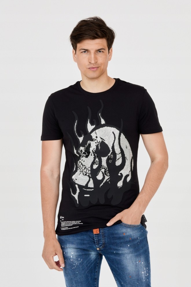 PHILIPP PLEIN Męski t-shirt z czaszką w płomieniach, Rozmiar XL