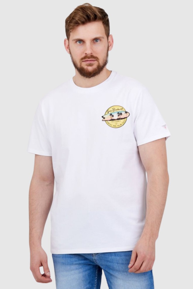 GUESS Biały bawełniany t-shirt męski sunset and palm trees, Rozmiar M