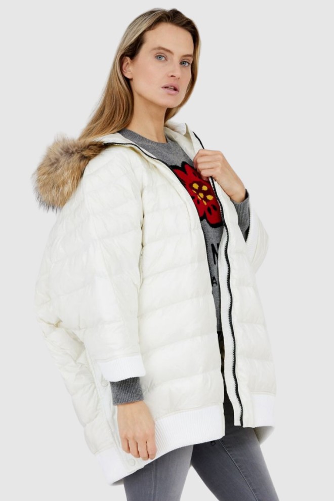 BLAUER Ecru damski puchowy płaszcz z futrem jenota, Rozmiar S