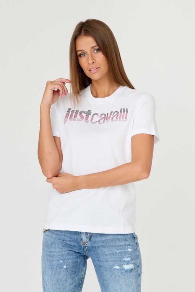 JUST CAVALLI Biały damski t-shirt R LOGO CRYSTAL, Rozmiar M