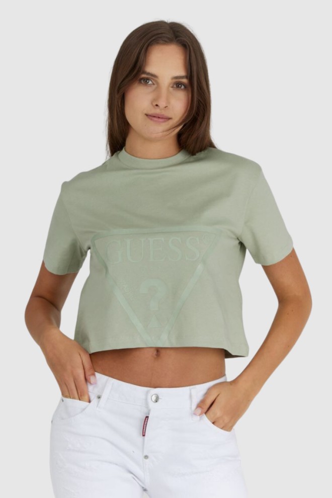 GUESS Krótki zielony t-shirt damski z logo, Rozmiar S