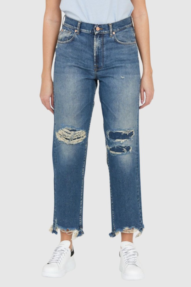 7 FOR ALL MANKIND Błękitne jeansy damskie THE MODERN STRAIGHT Z DZIURAMI, Rozmiar 25