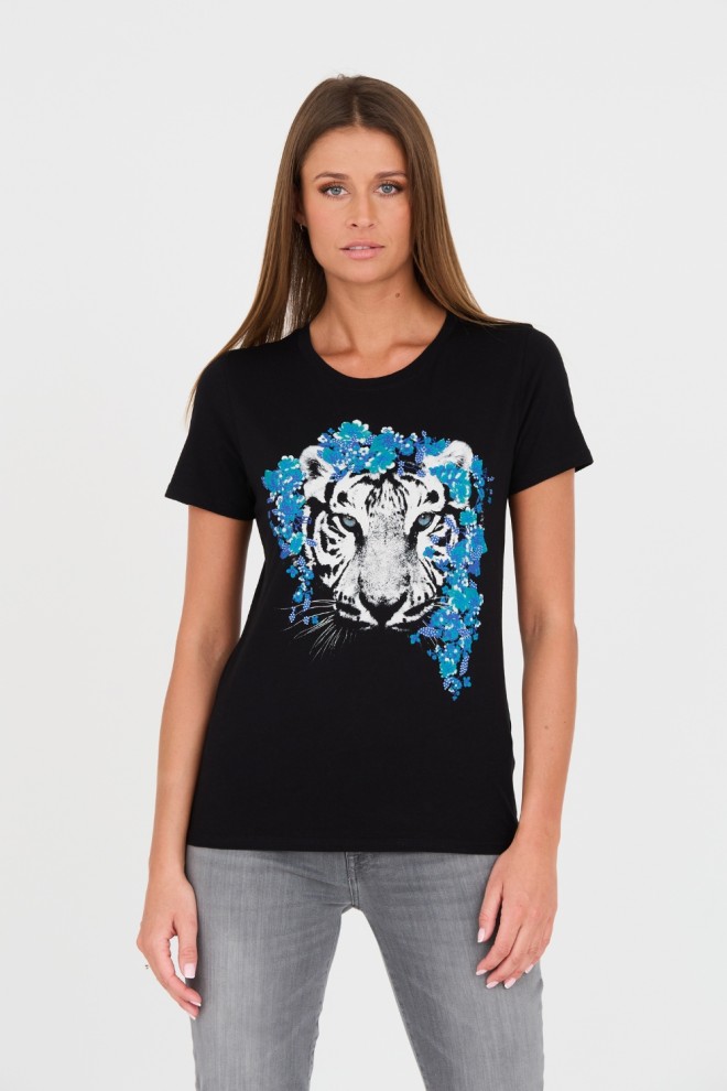 GUESS Czarny damski t-shirt bawełniany z printem, Rozmiar M