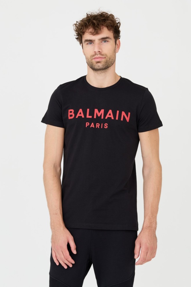 BALMAIN Czarny męski T-shirt z czerwonym logo, Rozmiar XL
