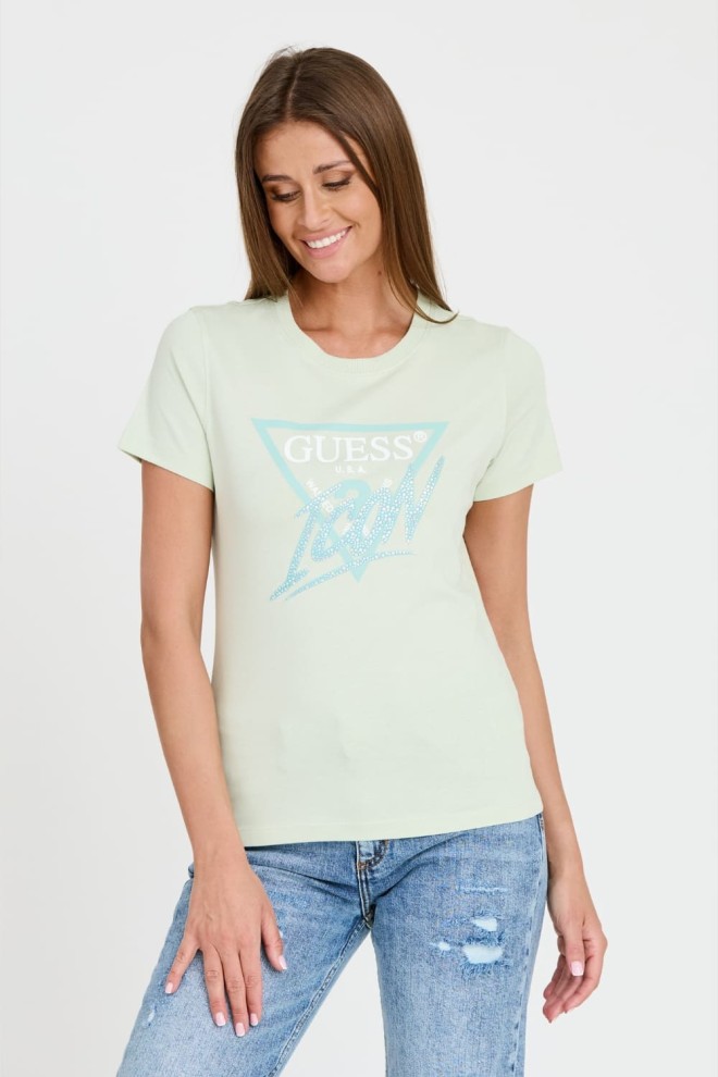 GUESS Miętowy damski t-shirt bawełniany Icon Tee, Rozmiar L