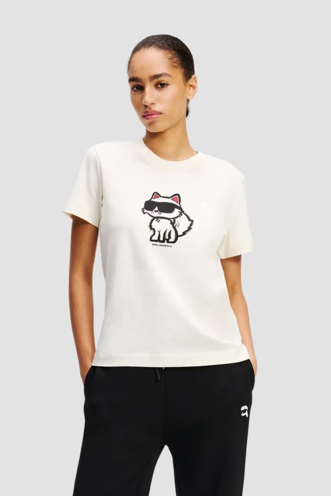 KARL LAGERFELD Beżowy damski t-shirt Ikon Sketch Choupette, Rozmiar XS