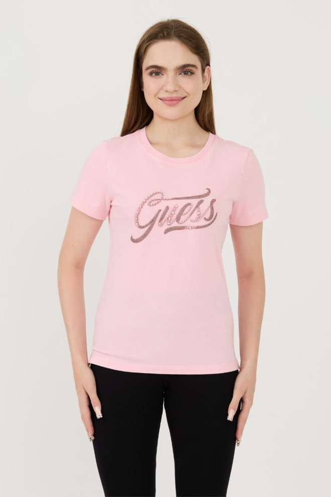 GUESS Różowy damski t-shirt bawełniany Stones&embro Tee, Rozmiar S