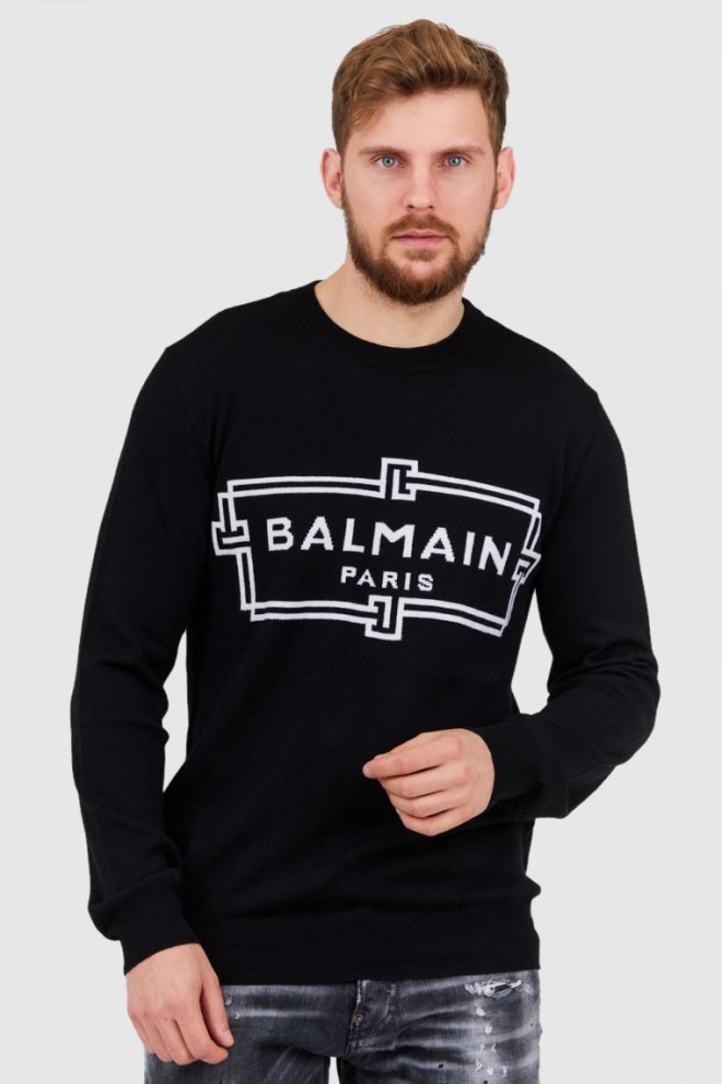 BALMAIN Czarny sweter męski z wełny merino, Rozmiar M