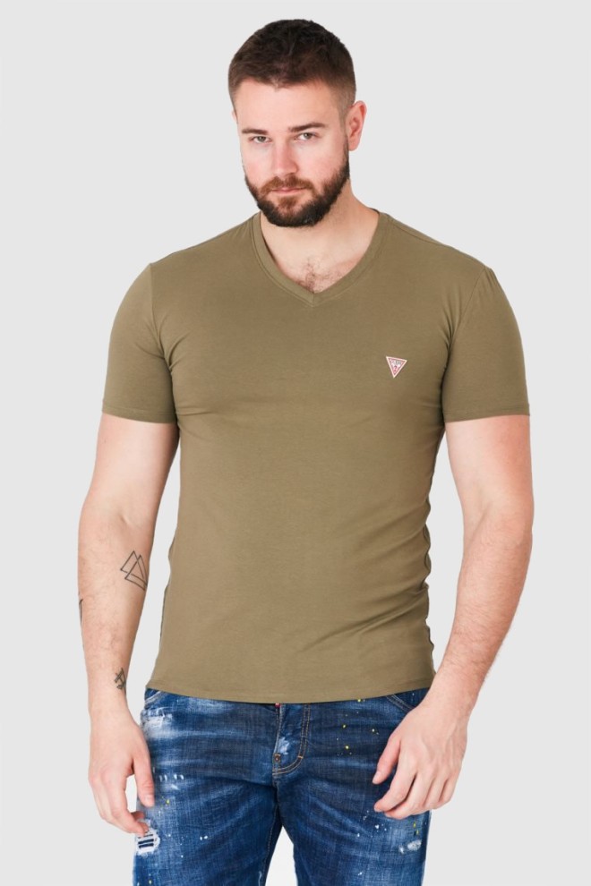 GUESS Khaki t-shirt męski w serek z elastanem, Rozmiar M