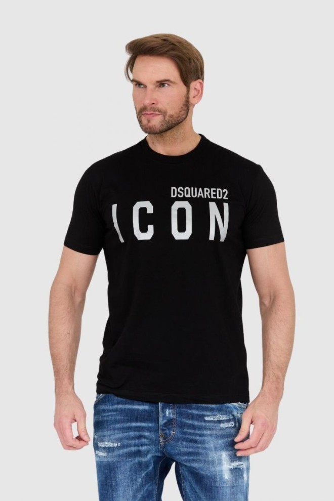 DSQUARED2 Czarny t-shirt męski ze srebrnym błyszczącym logo icon, Rozmiar M