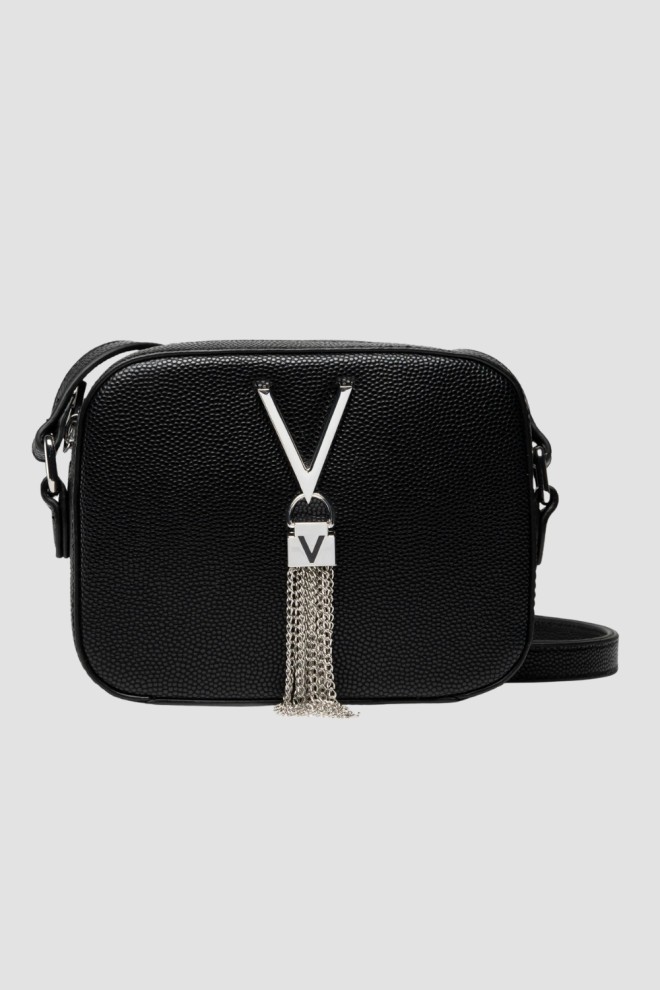 VALENTINO Mała czarna torebka o teksturze skóry z ozdobnym V divina haversack SS26