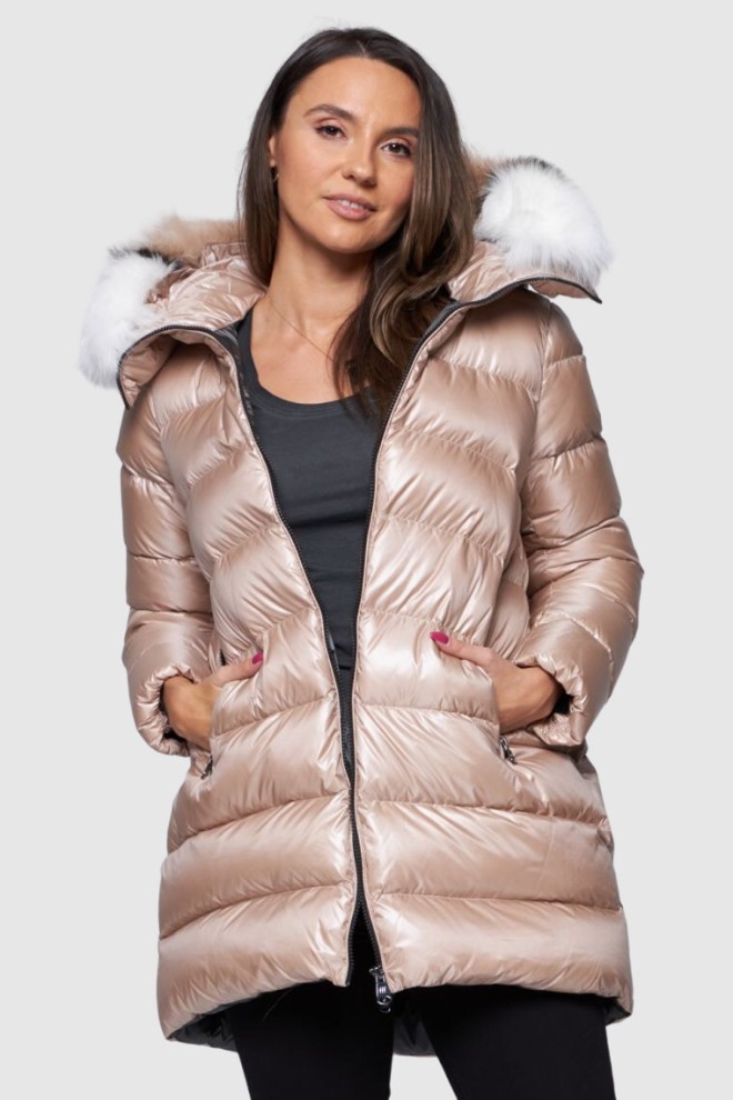 HETREGO Beżowa damska długa kurtka puchowa Hygiea z lisem, Rozmiar 40 EU - 44 IT