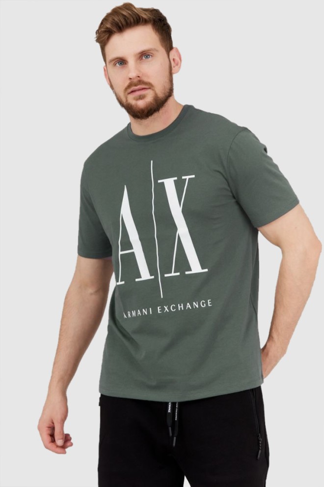 ARMANI EXCHANGE Szaro-zielony t-shirt męski z dużym logo, Rozmiar XL