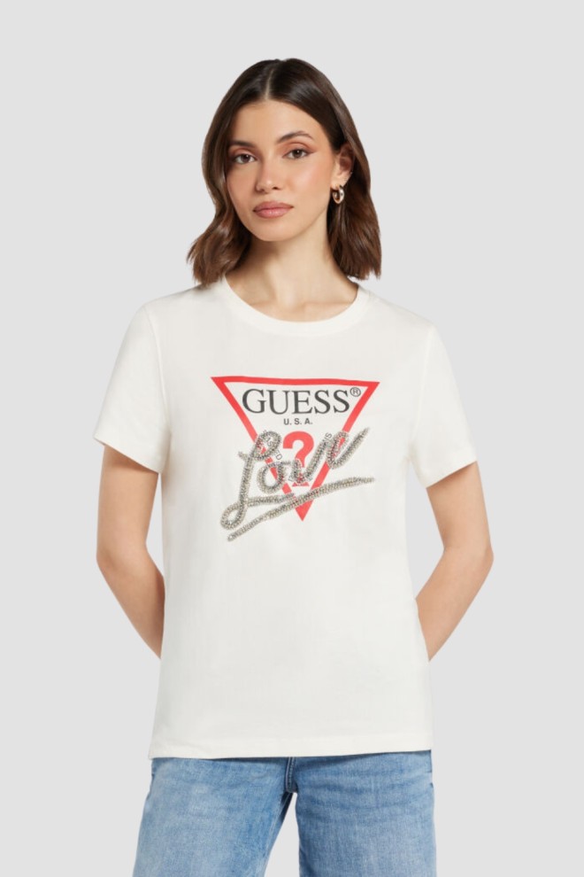 GUESS Biały t-shirt damski Love Tee, Rozmiar M
