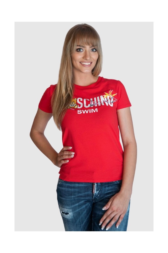 MOSCHINO T-shirt damski czerwony z nadrukiem logo i misia, Rozmiar XS