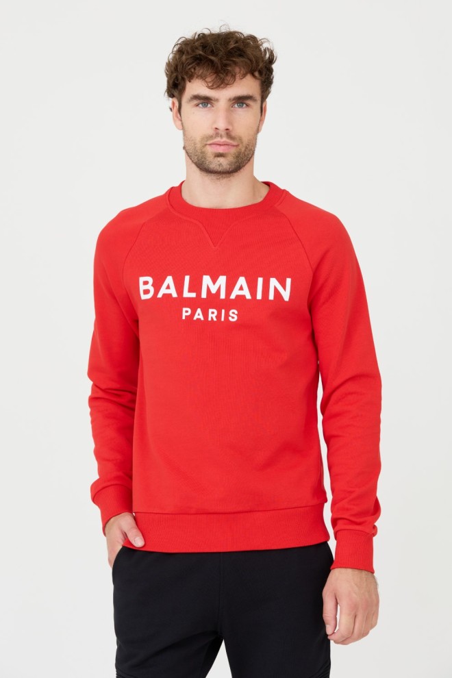BALMAIN Czerwona męska bluza Printed Sweatshirt, Rozmiar L