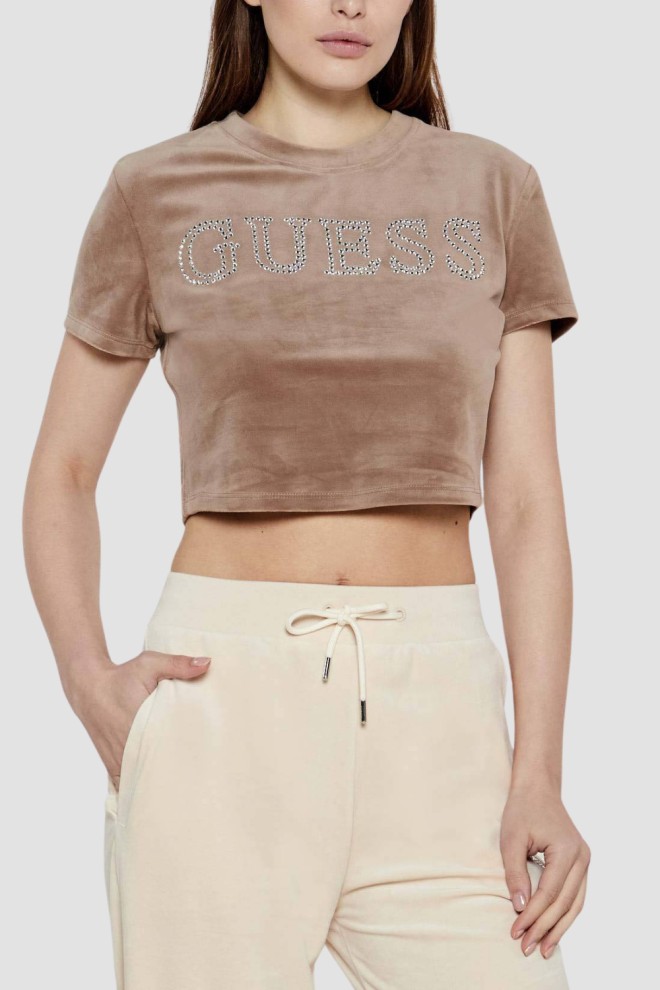 GUESS Brązowy damski top Couture Tee, Rozmiar M